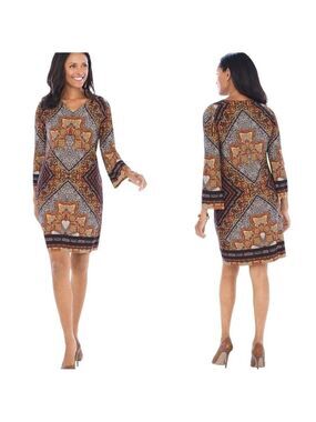 CHICO’S Animal Paisley Medallion Dress Bracelet Flared Long Sleeve US Sz L